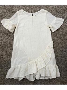 Gap Kids Girls Medium 8 Dress White Dotted Swiss Eyelet Sleeves Ruffles